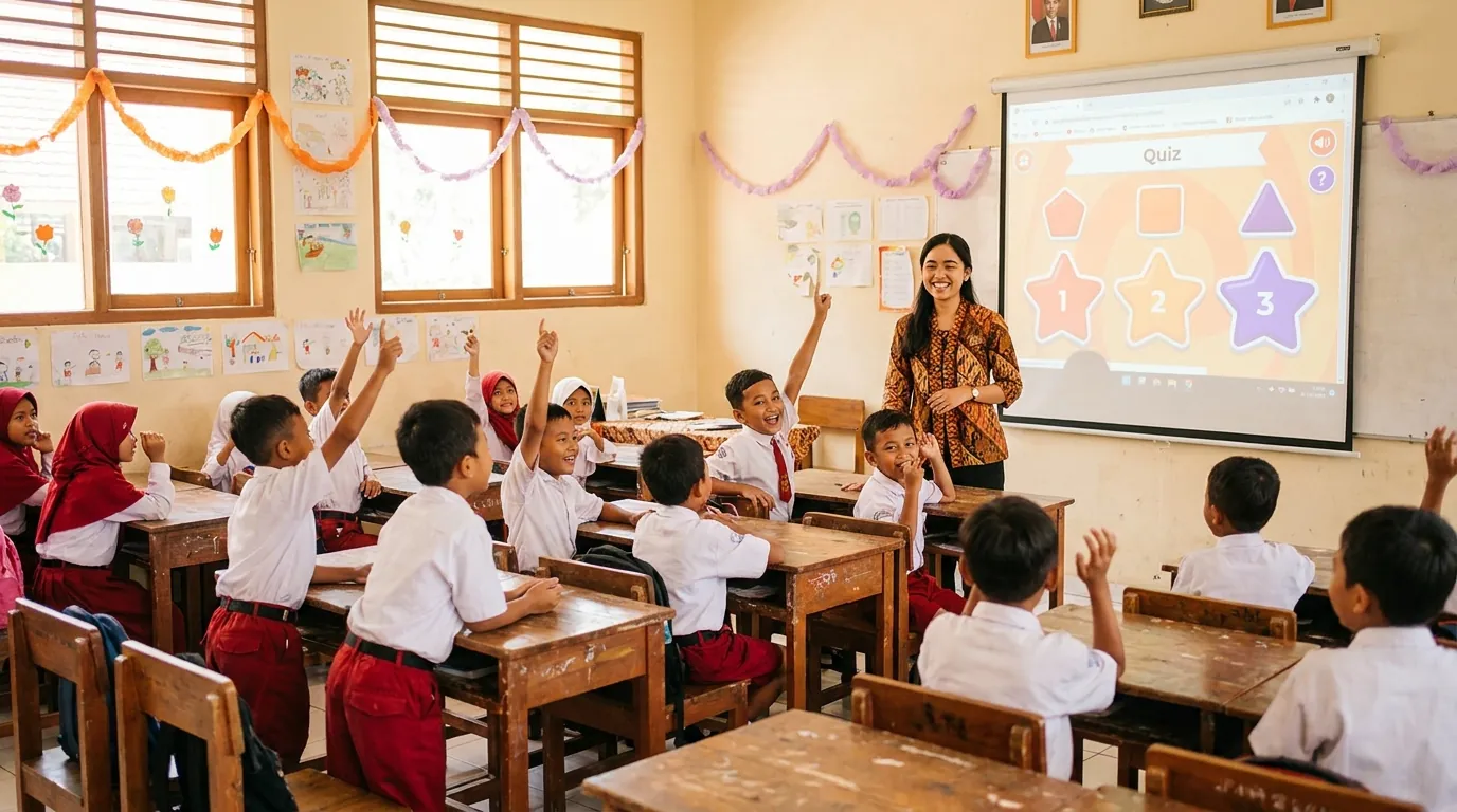 Guru menampilkan kuis interaktif di kelas