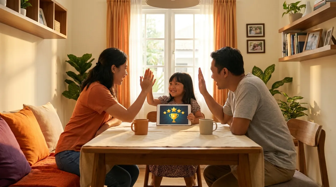Anak bangga menunjukkan bintang ke orang tuanya