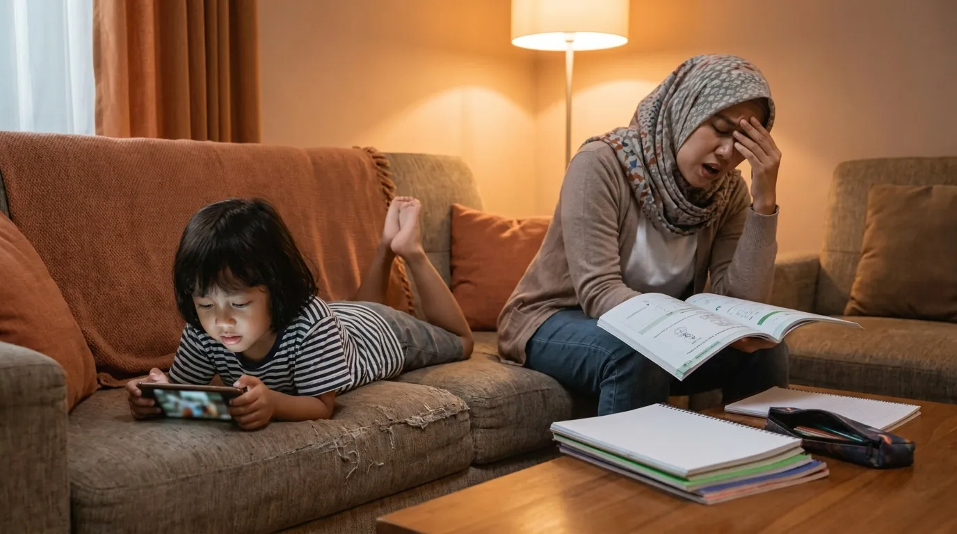 Anak asyik menonton video sementara PR belum disentuh